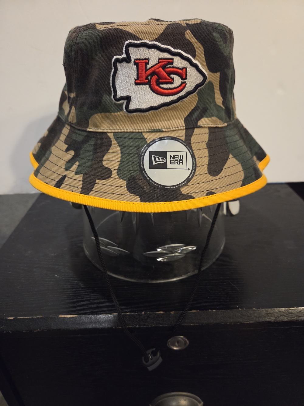 New Era Camo Kansas City Bucket Hat with Yellow Trim
